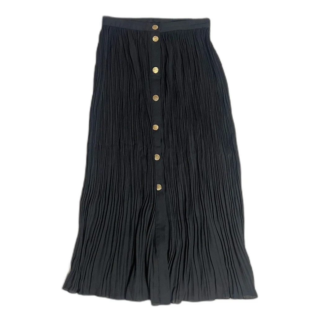 Zara Black Plisse Maxi Skirt Creped Chiffon Gold Buttons Women's Size S